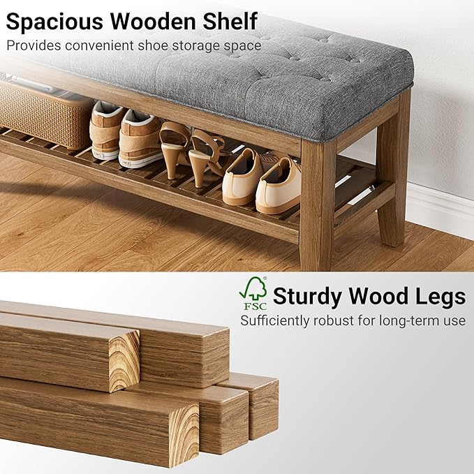 YaFiti End of Bed Storage Bench, 42.9" Entryway Shoe Bench with Solid Wood Shelf, Upholstered Ottoman with Padded Seat for Bedroom, Hallway and Lining Room, Dark Gray