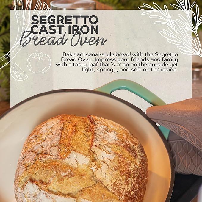 Enameled Cast Iron Bread Pan with Lid 11??Green Bread Oven Cast Iron Sourdough Baking Pan, Dutch Oven for Bread, No Seasoning Needed-Segretto Cookware