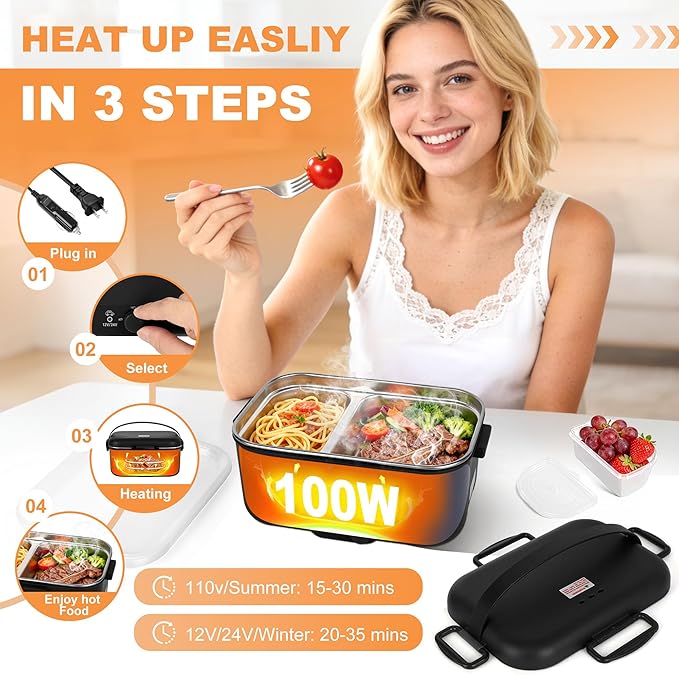 Electric Lunch Box Food Warmer 1.8L - 100W Mechanical Temperature Control Heated Lunch Box for Adults, 12V/24V/110V Fast Heating Lunchbox Food Heater for Work/Car/Truck, Fiambrera el챕ctrica port찼til