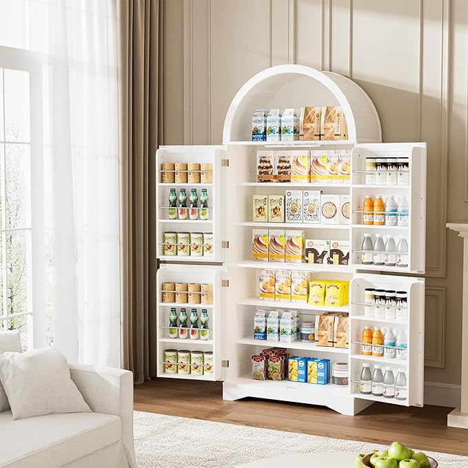 Arched Kitchen Pantry Cabinet with Adjustable Shelves, Modern Farmhouse Storage Cupboard, White Freestanding Wood Cabinet with LED Lights, 70.86 x 29.9 x 15.74 Inches.