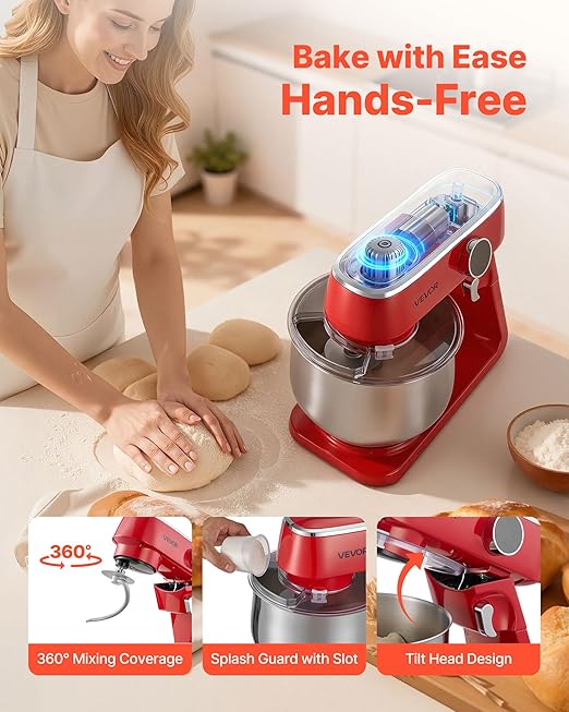 VEVOR Stand Mixer, 7.8 QT Electric Kitchen Mixer, 800W Dough-Mixer, 10 Speeds Tilt-head Food-Mixer with Stainless Steel Bowl, Dough Hook, Whisk, Beater, for Baking, Mixing, Whipping & Kneading, Red