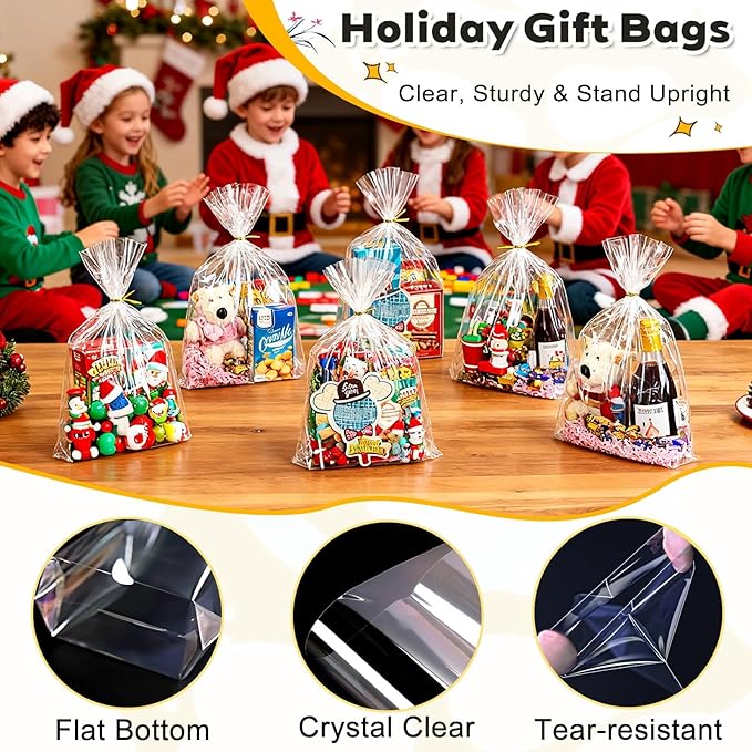PigPotParty Cellophane Bags 12"x16", 50 Pack Clear Gift Bags, Bottom Gusset for Stand-Up Display, Medium Plastic Cellophane Gift Wrap, Ideal for Large Goodies, Treats, Favors, Mugs, Includes 50 Ties