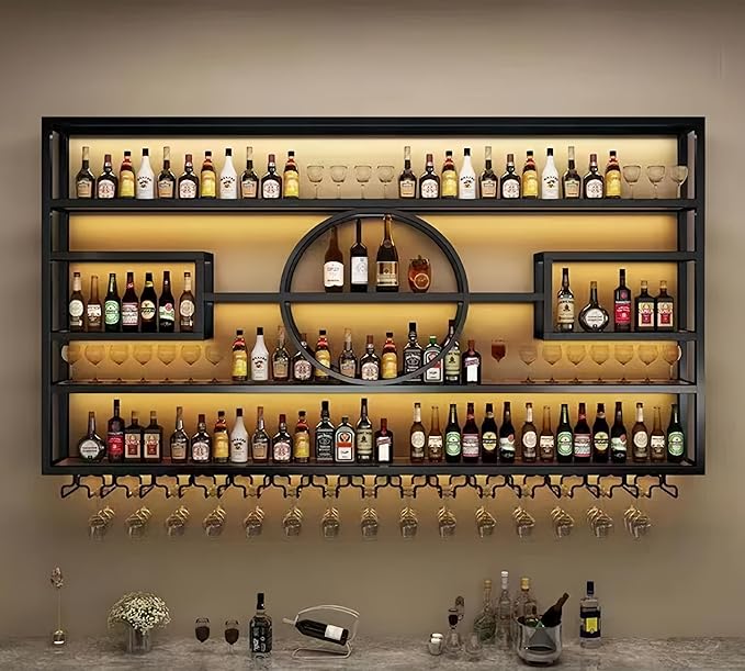 55in Modern Wine Rack Wall Mounted, Metal Wall Bar Shelves for Liquor Bottles with Glass Holder, Multifunctional Wood Bar Shelves Wall Mounted for Home Bar, Dining Room & Kitchen, Black