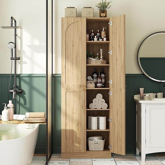 Cyclysio 80" Kitchen Pantry, Extra Tall Arch Storage Cabinet with 4 Doors and Adjustable Shelves, Freestanding Wood Cupboard with Seamless Fit Wall for Dining Living Room Bathroom Furniture (Natural)