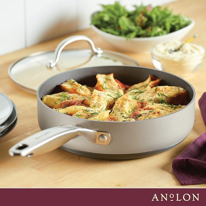 Anolon Achieve Hard Anodized Nonstick Saut챕 Pan with Lid, 3 Quart - Silver