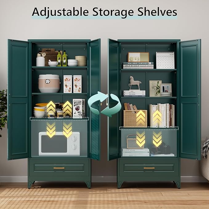 75??Kitchen Pantry Storage Cabinet,Metal Tall Storage Cabinet with Drawers and Adjustable Shelves,Modern Kitchen Hutch Cabinets,Freestanding Cupboard for Living Room,Green