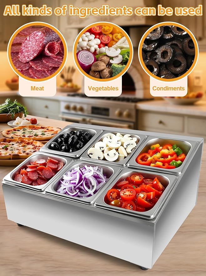 Lanstics Pizza Topping Station Pizza Storage Container Topping containers with Lids Spoon Condiment Organizers Buffet Containers Set for Restaurant Pizza Sauce Jam Fruit Ingredient (6 Pans)