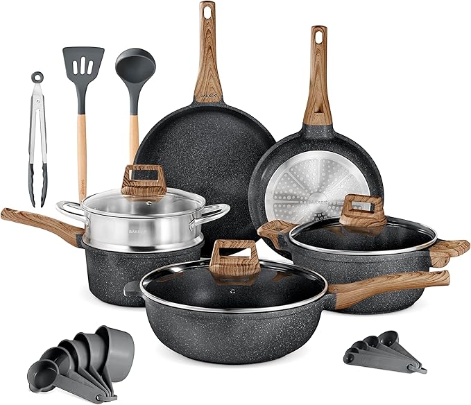 Bakken-Swiss 14-Piece Kitchen Cookware Set ??Granite Non-Stick ??Eco-Friendly ??PFOA, PFOS, and PTFE Free for All Stoves & Oven-Safe - Marble coatin