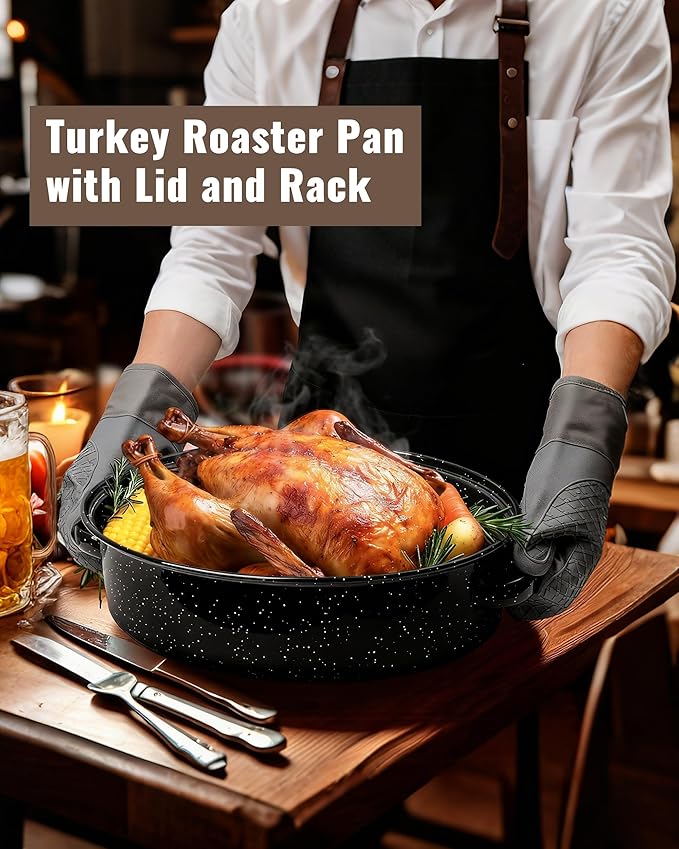 Roasting Pan with Lid & Rack 18 Inch Extra Large Deep Oven Baking Pot, Enamel Granite NonStick Oval Carbon Steel Potato Roaster Pot for Turkey Chicken Ham Steak NonToxic Perfect for Christmas Gift