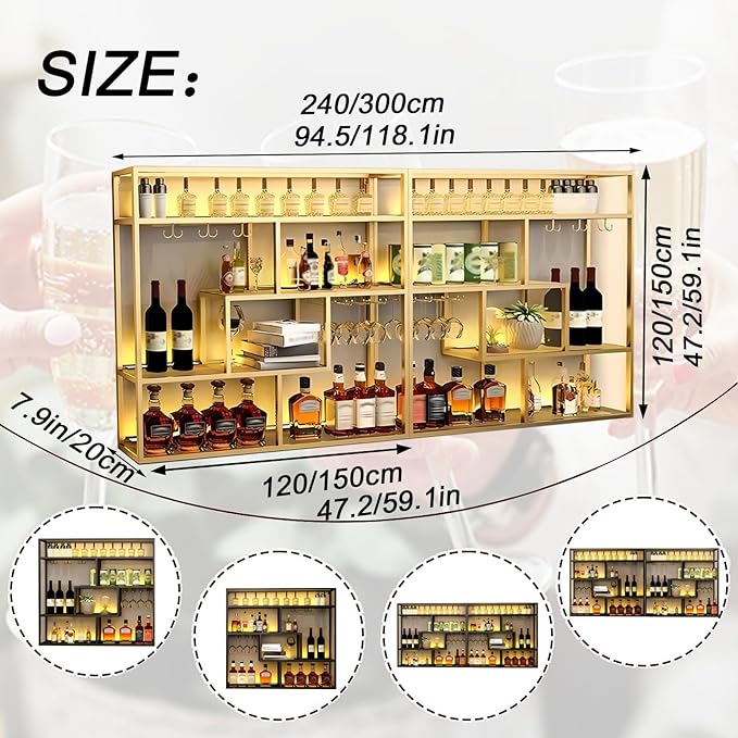 94.5in Large Wall Mounted Wine Rack, 4 Tier Wall Mount Bottle Rack with Glass Holder, Industrial Metal Floating Bar Liquor Bottles Display Storage Shelf for Dining Room, Kitchen (Black, 94.5in)