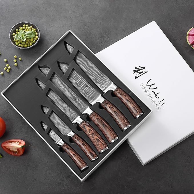 Wakoli EDIB 6-Piece Damascus Knife Set ??Professional Chef Knives Set with VG10 Core Blades, 67-Layer Damascus Steel and Ergonomic Pakkawood Handles ??Premium Kitchen Knives in Elegant Gift Box