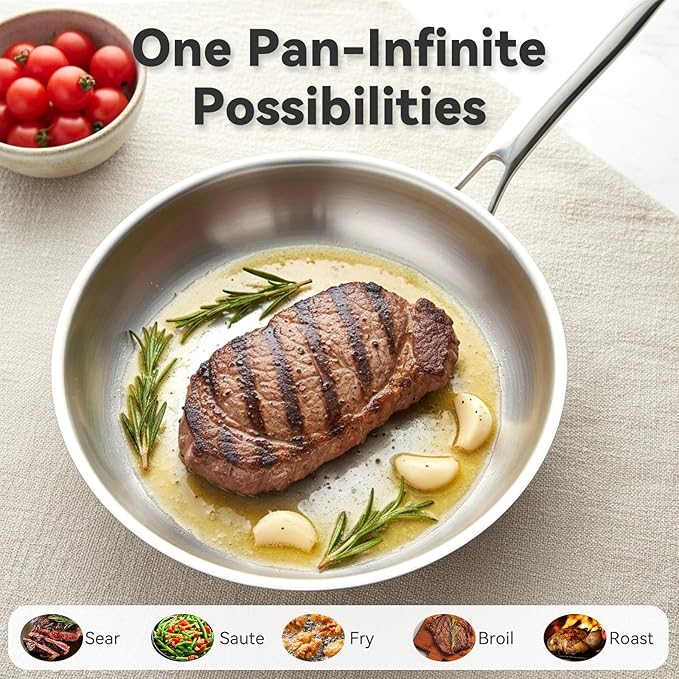 Professional Grade 316L Stainless Steel Frying Pan | 8 Inch Skillet with Glass Lid | Healthy PFOA/PFOA-Free & Dishwasher Safe | Induction & Gas Stove Compatible, Oven Safe to 500째F
