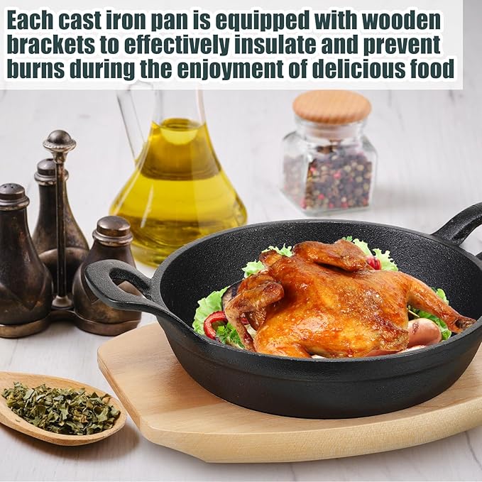 Sliner 4 Sets Mini Cast Iron Skillet Small Cast Iron Plates Skillet with Wooden Base Small Round Pan Fajita Plate Pot for Baking Cooking(5.5 Inch)