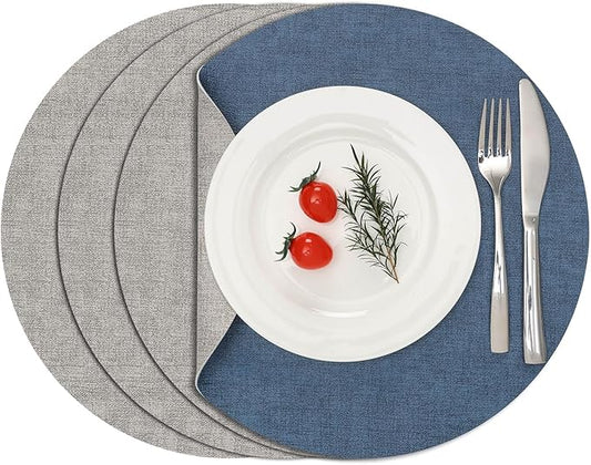 Myir JUN Reversible Vinyl Round Placemats Set of 4, Faux Leather Place Mats Dual Sided Waterproof Wipeable, Heat-Resistant Table Mats for Kitchen Dining Indoor Outdoor (14", Light Gray Navy Blue)