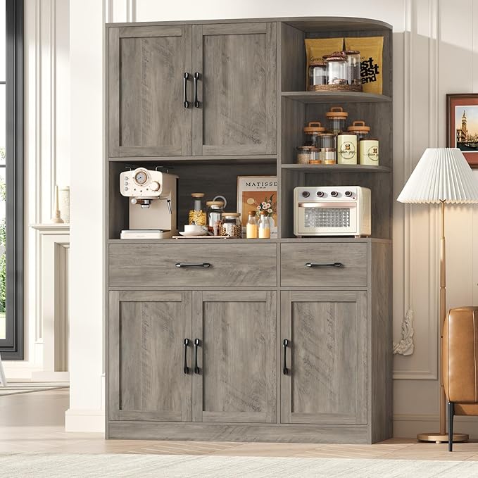 67" Kitchen Pantry Cabinet, Modern Kitchen Hutch with 5 Doors and 2 Drawers, 3-Tier External Shelf, Large Pantry Storage Cabinet with Microwave Stand for Dining Room, Ash Gray