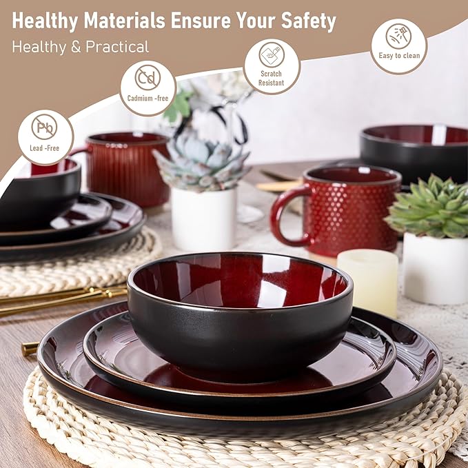 GBHOME Ceramic Dinnerware Sets for 4, 12 Pieces Stoneware Plates and Bowls Sets, Scratch Resistant Dishes, Dishwasher & Microwave Safe, Reactive Glaze-Burgundy