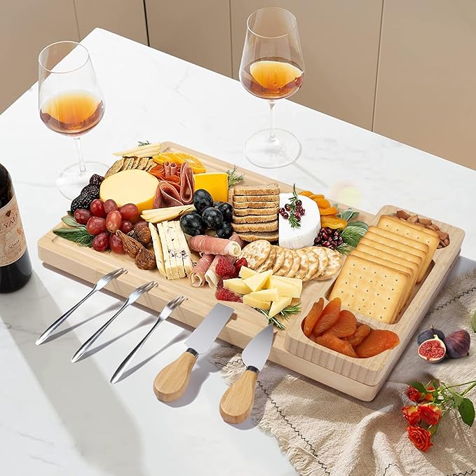 Premium Bamboo Charcuterie/Cheese Board Set ??Wooden Serving Tray with Hidden Knife Storage ??Cheese Knives & Forks - Perfect Bridal Shower, Housewarming, Anniversary, Mother's Day Gifts