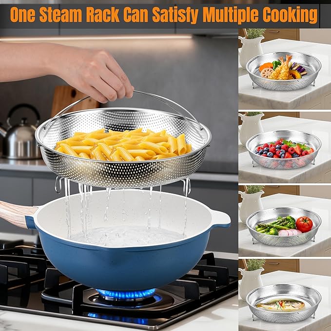 AOSION 11 Inch Nonstick Ceramic Deep Frying Pan Skille with Lid,5QT Saut챕 Pan for Cooking with Steam Rack,Healthy Large Skillet,Stay Cool Handle, Induction Compatible, PFOA & PFAS Free. (BLUE)