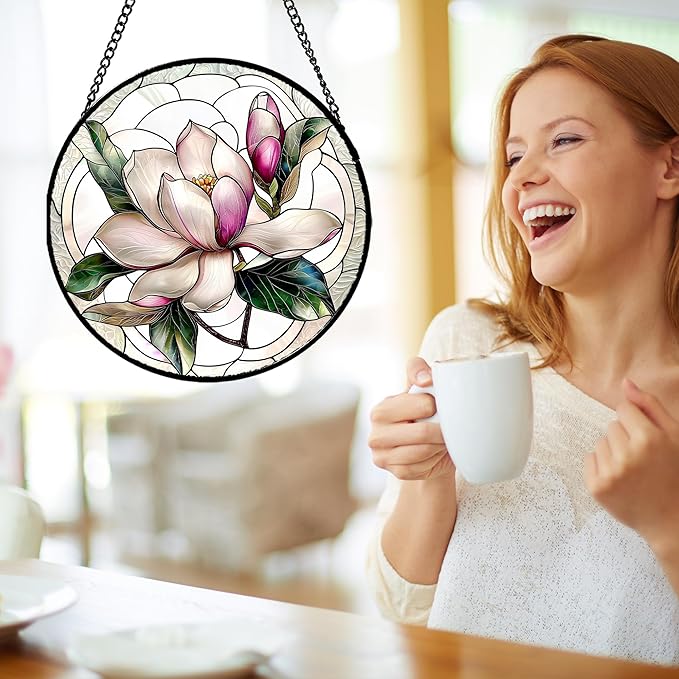 Stained Glass Window Hanging - Pink Magnolia Flower Petal Suncatcher for Doors Window Home Sun Catchers Decor Christmas Mother's Day Birthday Gifts for Teacher Women Men Mom Nana 11.8 in