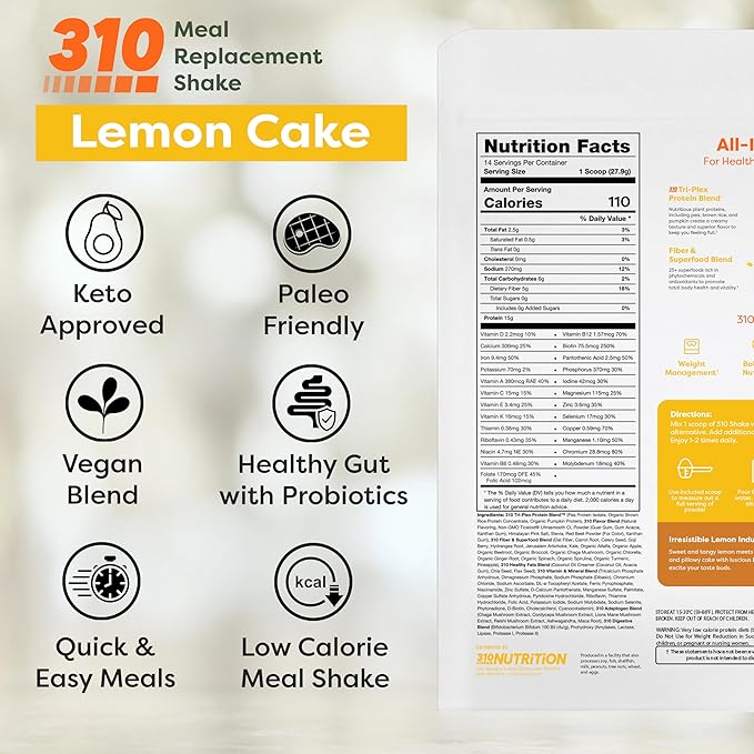 310 Nutrition All-In-One Meal Replacement Shake Powder - Plant-Based Protein Smoothie Blend w/High Fiber, Probiotics & Adaptogens - Low Carb, Vegan, Keto & Paleo Friendly - Lemon Cake - 28 Servings