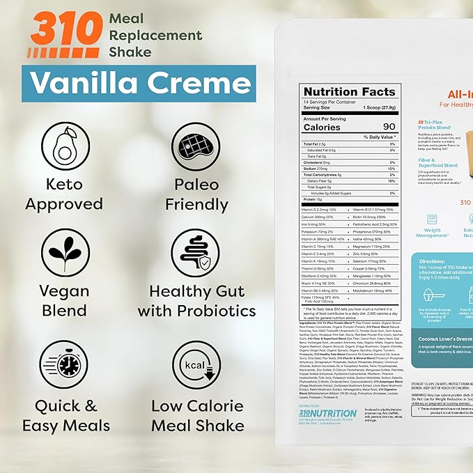 310 Nutrition All-In-One Meal Replacement Shake Powder - Plant-Based Protein Smoothie Blend w/High Fiber, Probiotics & Adaptogens - Low Carb, Vegan, Keto & Paleo Friendly - Vanilla Creme - 28 Srv