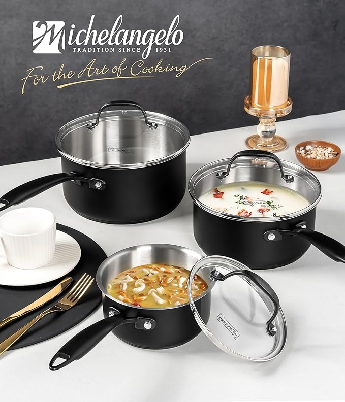 MICHELANGELO Stainless Steel Saucepan Set, Triply-Base Sauce Pan with Lids, Stainless Steel Sauce Pot for All Stoves, Induction Compatible, Oven Safe - 1QT & 2QT & 3QT