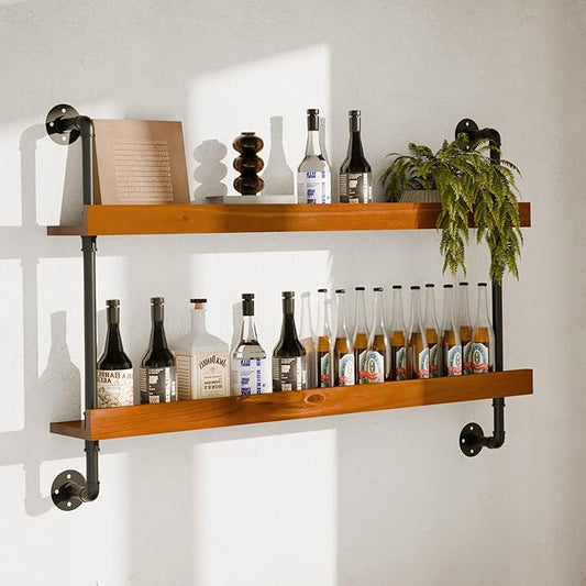 Industrial Wine Rack Wall Mounted, Solid Wood Shelf with Metal Pipe Brackets, 2-Tier Rustic Hanging Organizer for Wine Bottle Storage in Kitchen, Bar, Pub, Cellar(Walnut Brown, 48 Inch)