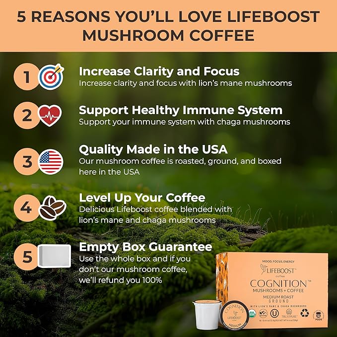 Lifeboost Cognition Mushroom Coffee Pods ??Organic Low Acid K-Cups with Lion?셲 Mane & Chaga Adaptogens ??Nootropic Coffee for Energy, Focus & Immune Support ??10 Count