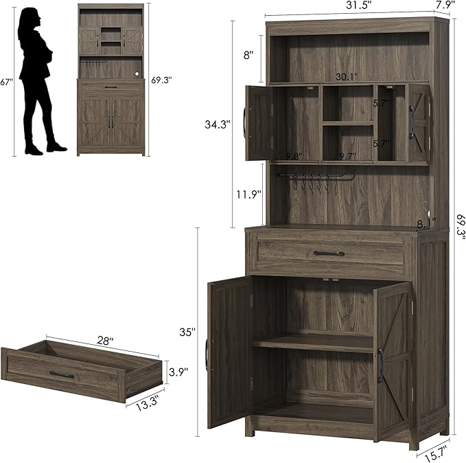 69" Tall Farmhouse Kitchen Pantry Cabinet, Kitchen Hutch Bar Cabinet with Drawers&Cup Holder, Large Wooden Storage Cabinets with Barn Doors&Microwave Stand, Cupboard for Dining Room(Ash Grey)