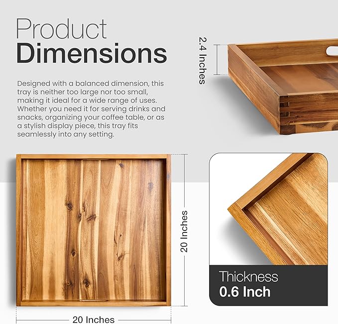 20 Inch Acacia Wood Ottoman Tray - Wooden Square Serving Tray with Handles - Extra Large Food Serving Trays for Decorative, Coffee Table, Breakfast in Bed - Charcuterie Trays Use for Kitchen