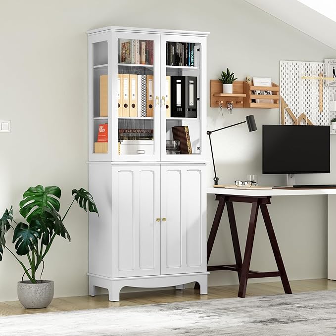 ARTPOWER 72" Freestanding Kitchen Pantry Storage Sideboard, Classical Tall Cabinet with Glass Door and Adjustable Shelves for Kitchen, Livingroom and Dining Room, White