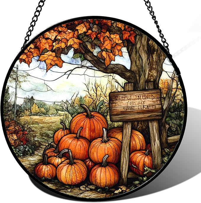 Stained Glass Window Hanging Fall Farm Scenery Maple Trees Pumpkin 6.3" - Suncatcher Door Garden Kitchen Sun Catcher Autumn Decor Birthday for Mom Nana Men Woman Friend