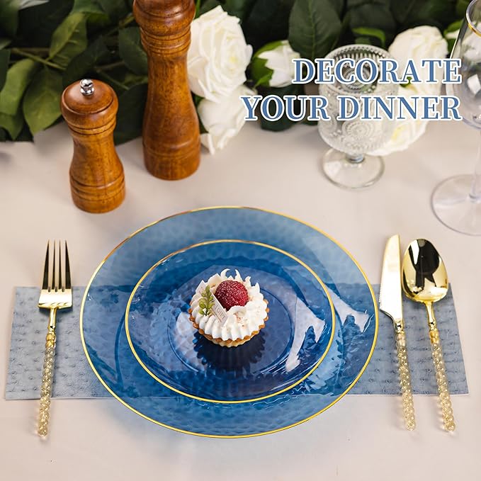Lullaby 60Pcs Blue Gold Plastic Plates, Blue Disposable Plates With Gold Rim, Plastic Plates Include 30 Dessert Plate 10'', 30 Dinner Plate 7.5'' for Party, Birthdays and Wedding ﻿