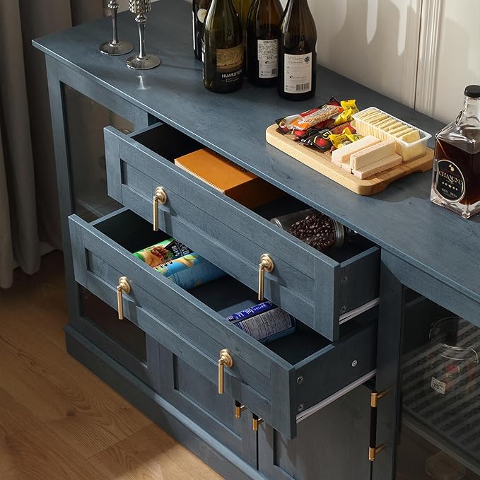 58.2'' Modern Sideboard Buffet Cabinet with Storage, Accent Coffee Bar Cabinet with 2 Glass Doors,Sideboard Credenza with Two Drawers and Adjustable Shelves,Blue