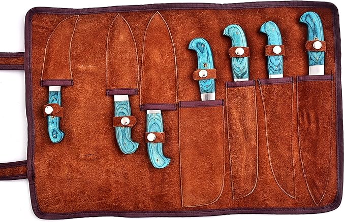 101-7 Stainless Steel Damascus Kitchen Knife Set Hand Forged Butcher Chef Knife Set with Roll Bag Sharp Meat Cleaver Bone Chopper Fillet Knives for Home Camping BBQ Gift for Men 101-7 (7)