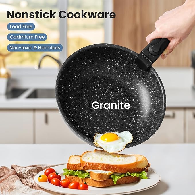 12 Pcs Pots and Pans Set, Nonstick Kitchen Cookware Sets Detachable Handle, Induction Healthy Non Stick RV Cookware, Dishwasher 竊?Oven Safe, Black