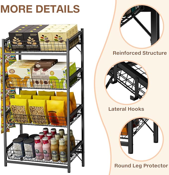 VOPEAK 4 Tier Retail Snack Display Stand, Metal Retail Display Rack with 2 Hooks, Potato Storage Rack, Concession Stand Candy Organizer, Easy Assembly Fruit Basket, Snack Organizer for Pantry, Office