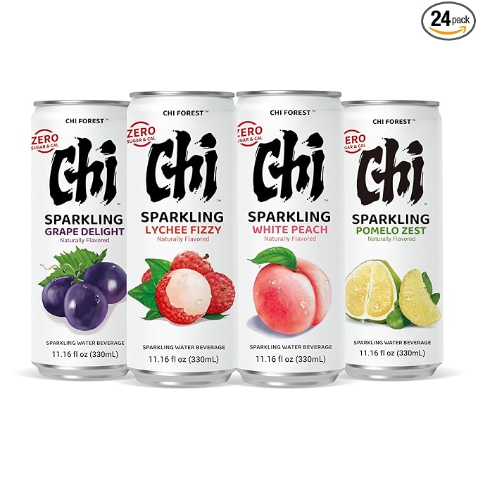 CHI FOREST Sparkling Water Beverage, 4 Flavors Variety Pack, Zero Sugar, 11.16 fl oz Cans (Pack of 24)