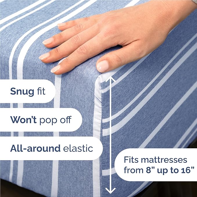 Full 6 Piece Sheet Set - Cooling & Breathable Bed Sheets - Hotel Luxury Bed Sheets for Women, Men, Kids & Teens - Bedding w/Deep Pockets & Easy Fit - Soft & Wrinkle Free - Full Blue Stripes Sheets