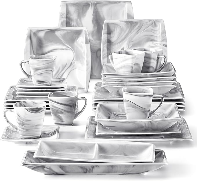 MALACASA Dinnerware Sets, 32 Pieces Porcelain Plates and Bowls Sets for 6, Marble Grey Dishes with Plates and Bowls, Cups and Saucers, Side Dish Plates, Square Dinner Set, Series Blance
