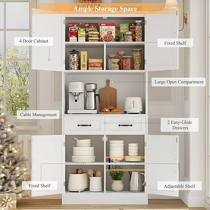 HOSTACK 71??Tall Kitchen Pantry Storage Cabinet, Modern Kitchen Hutch Bar Cabinet with Microwave Stand, Wood Buffet Sideboard with Hutch, Cupboard with Drawers, Shelves for Dining Room, White