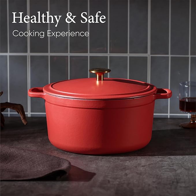 CAROTE 5QT Enameled Cast Iron Dutch Oven Pot with Lid, Heavy-Duty Dutch Oven for Sourdough Bread Baking, Braising, Stews, Roasting, Healthy & Non-Toxic, Dual Handles, All Stovetop Compatible, Oven Safe up to 500째 F, Red