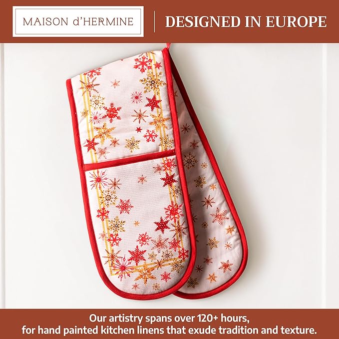 Maison d' Hermine Double Oven Mitt (7" x 35") 100% Cotton Heat Resistant BBQ Cooking Gloves with Loop for Thanksgiving Christmas Decorations Baking Cooking Barbeque Handling Hot Pan (Crystal Star)