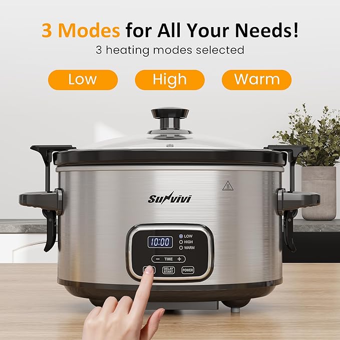 4QT Programmable Slow Cooker with Removable Ceramic Pot, Locking Lid, 3 Heating Settings & Timer, Dishwasher-Safe, Stainless Steel Silver