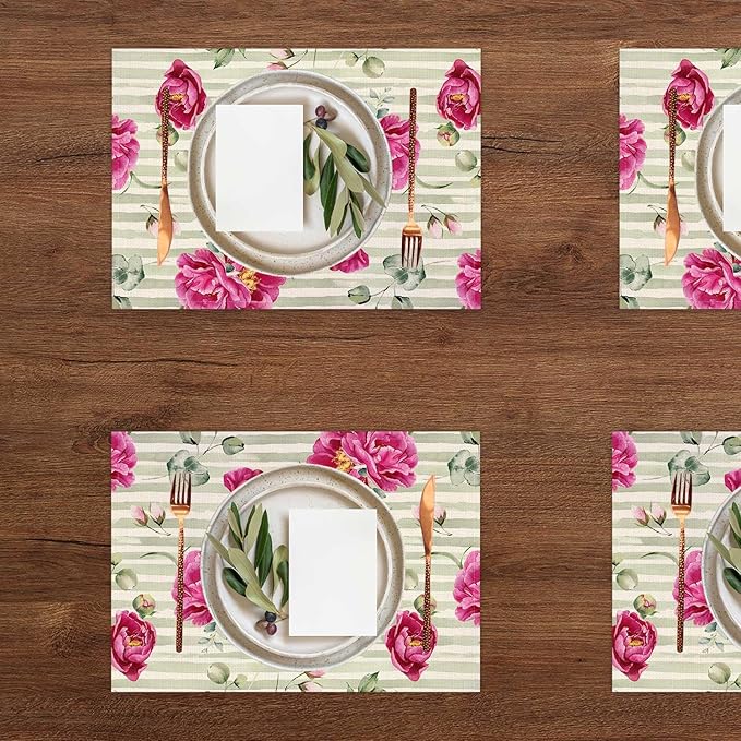 Jauageon Red Peony Flowers Placemat Set of 4 Spring Floral Placemats Spring Summer Eucalyptus Table Mats for Indoor Outdoor Home Party Kitchen Dining Decor Farmhouse Burlap Table Mats 12x18 Inch