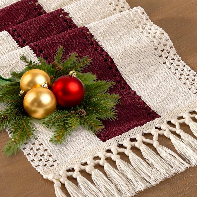 Socomi Boho Table Runner Valentine's Day Farmhouse Rustic Dining Kitchen Centerpiece Decor Small Macrame Woven Cotton Linen Coffee Table Runner for Dresser Scarf Home Decor 12x60 in Burgundy Ivory