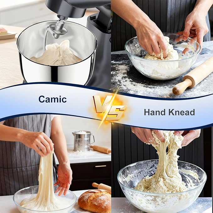Camic Stand Mixer, 4.2QT+5.3QT Two bowls Electric Food Mixer, 10 Speeds with Digital setting 3-IN-1 Kitchen Mixer for Baking Cakes Cookie Bread Salad with Egg Whisk,Dough Hook,Flat Beater (Grey)