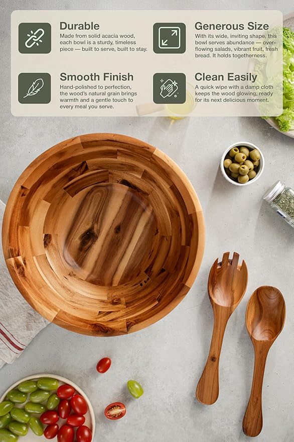 12.2" Large Salad Bowl with Serving Utensils, Acacia Wooden Salad Serving Bowl Set with 2 Wood Hands, Wooden Bowls Decorative, Large Serving Bowls for Fruits, Salad and Pasta (Acacia color)