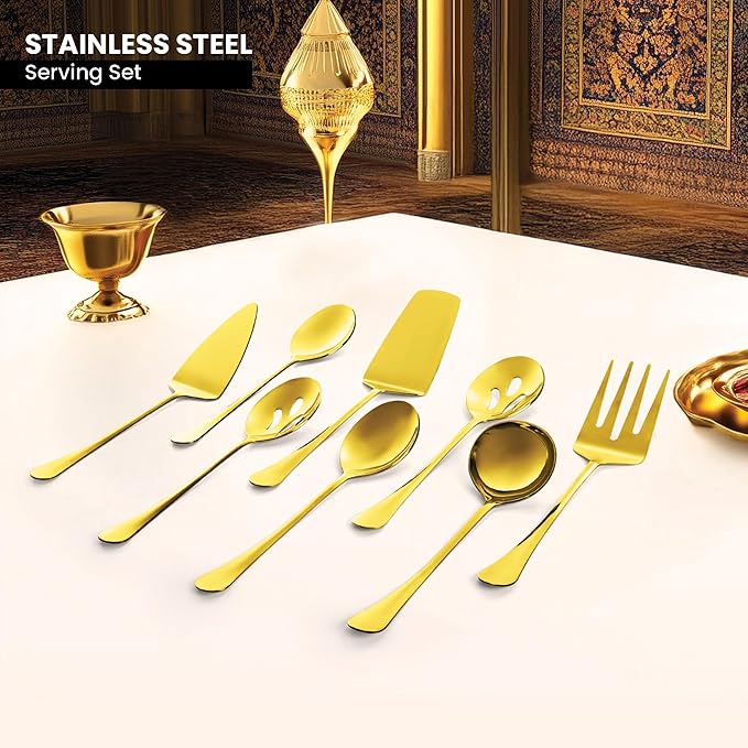 Avador짰 Premium Set of 8 Stainless Steel Hostess Serving Utensil Tool Set for Weddings | Buffer | Party | Kitchen | Restaurants (Gold Plated)