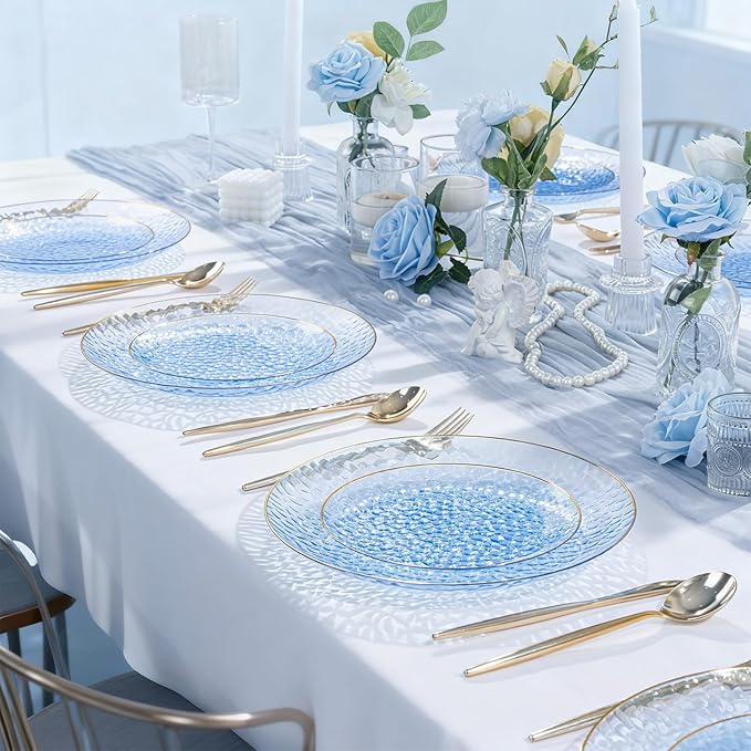 SUT 36Pcs Blue Plastic Plates, Hammered Plates Disposable Heavy Duty, Blue Disposable Plates With Gold Rim, Fancy Plastic plates Include 18 Dinner plate and 18 Dessert plate for Wedding